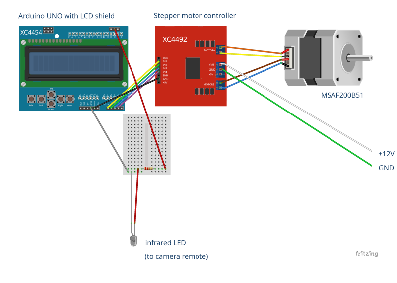 Fritzing connection illustration of Arduino, LCD, Stepper controller, stepper motor